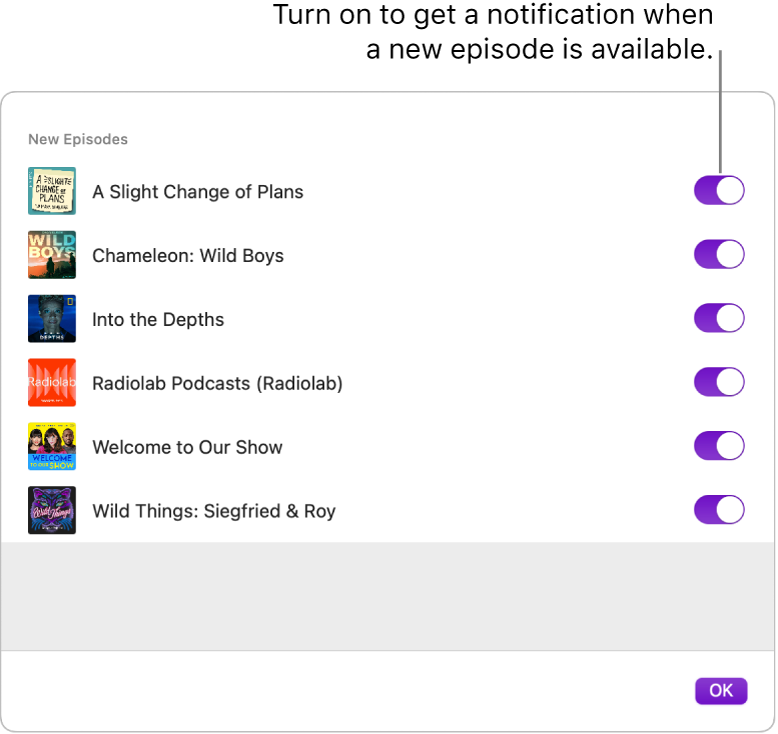 The notifications window. Click the switch to get a notification when a new episode is available.