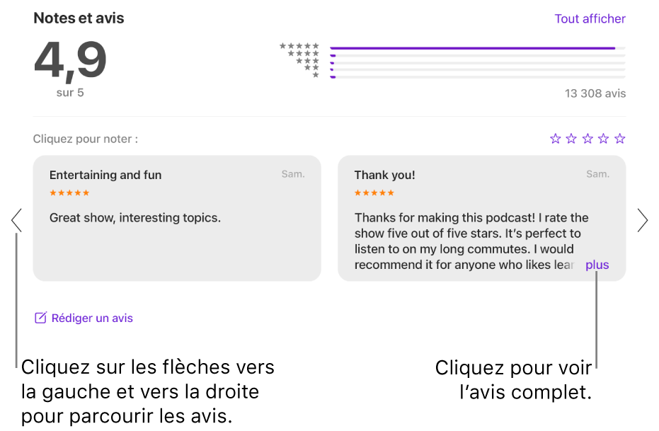 La section Notes et avis d’une émission dans Balados. Cliquez sur les flèches de gauche et de droite situées sur le bord de l’écran pour faire défiler l’écran vers l’avant ou vers l’arrière. Cliquez sur « plus » pour afficher l’avis au complet.