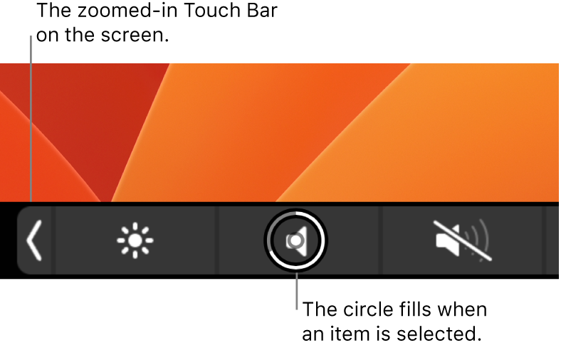 The zoomed-in Touch Bar along the bottom of the screen; the circle over a button fills when the button is selected.