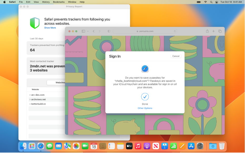 A Mac desktop showing two open windows—a Safari Privacy Report and a Safari window showing a Sign In dialog that asks if the user wants to save a passkey.