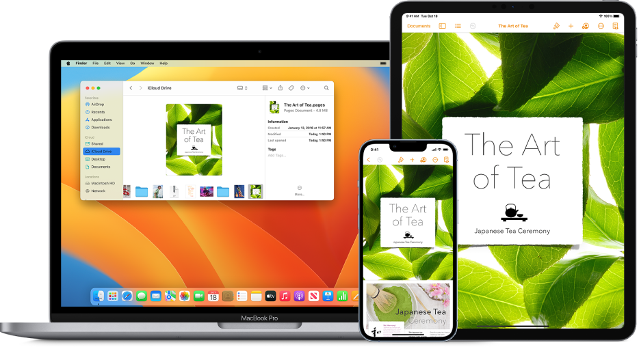 El mismo documento de Pages aparece en iCloud Drive en una ventana del Finder en una Mac y en la app Pages en un iPhone y un iPad.
