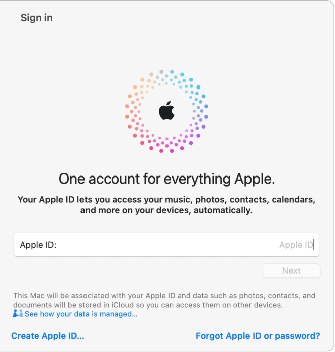 Het Apple ID-inlogvenster met een tekstveld voor het invoeren van je Apple ID.