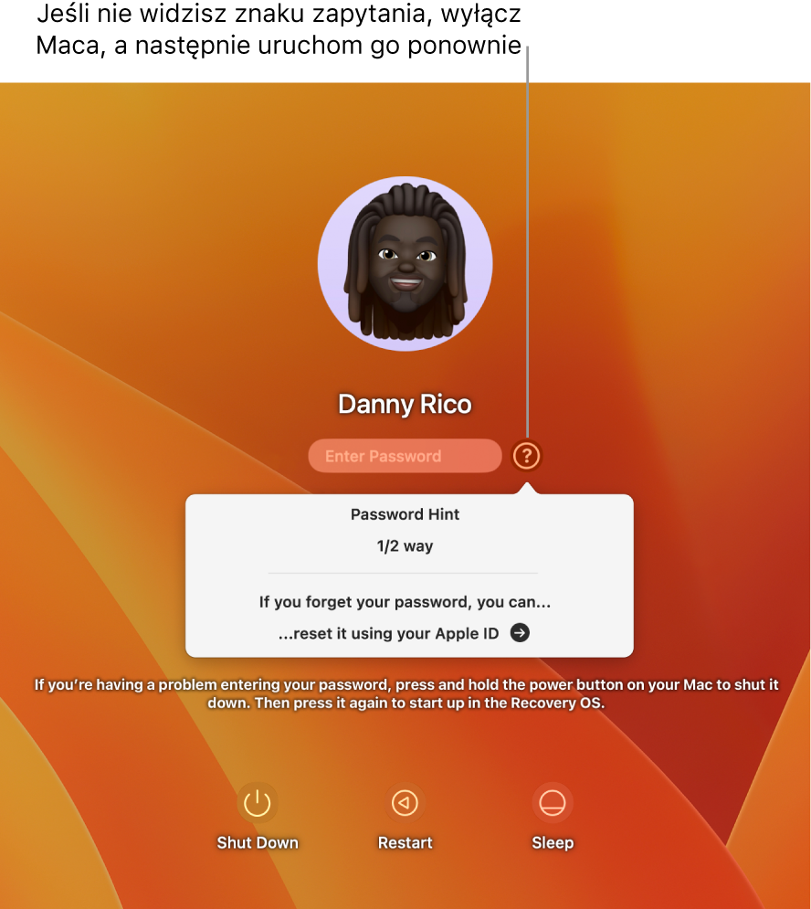 Ekran logowania na Macu, zawierający podpowiedź do hasła oraz instrukcje zerowania hasła.
