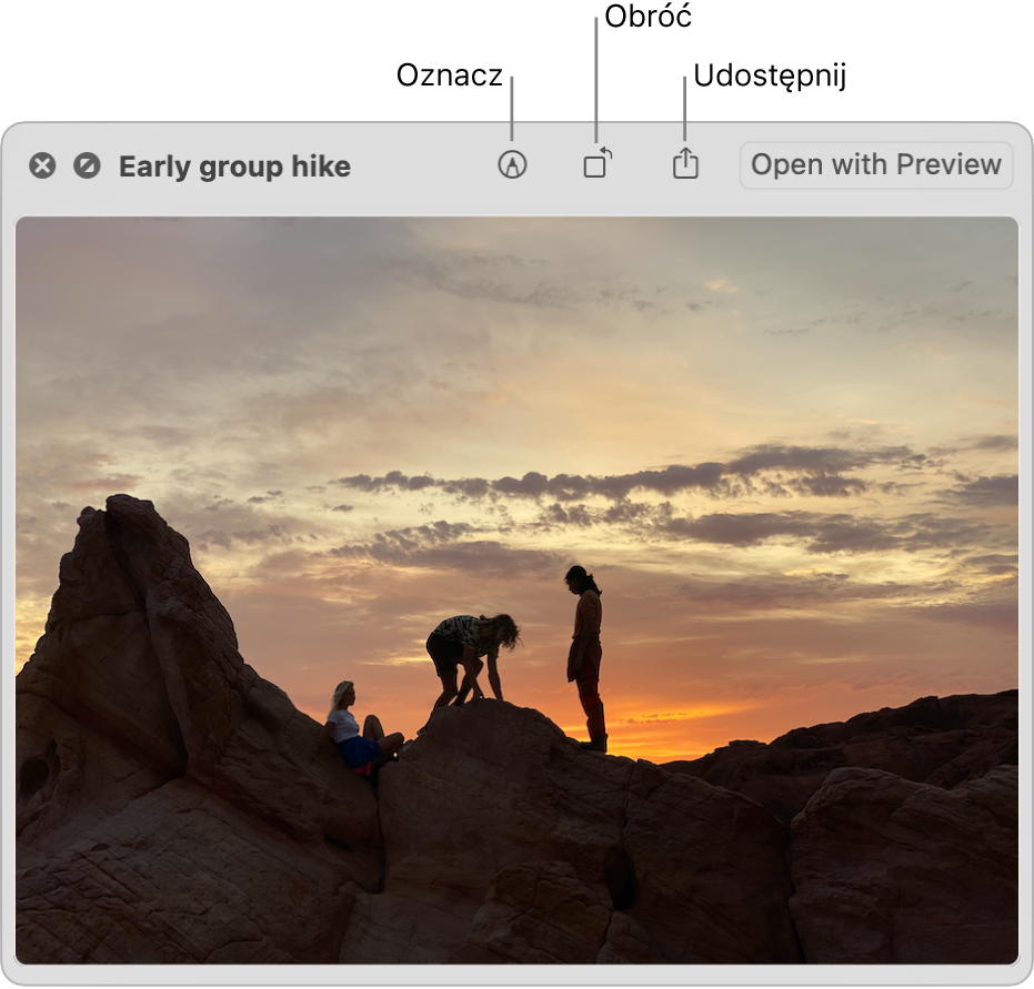 Obraz w oknie Szybkiego przeglądu, zawierającym przyciski pozwalające na dodawanie oznaczeń, obracanie, udostępnianie oraz otwieranie w aplikacji Podgląd.
