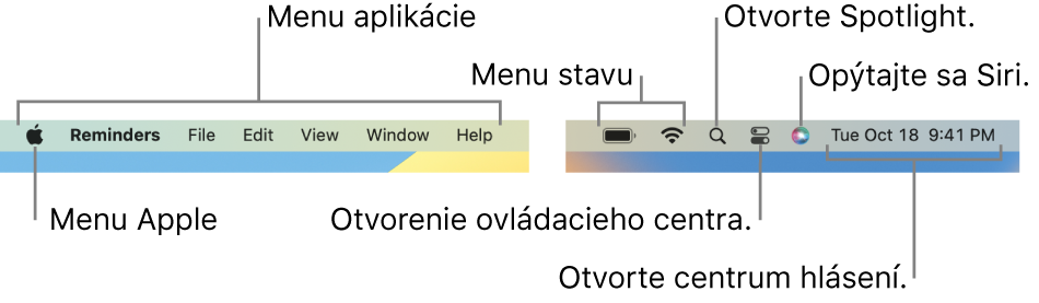 Lišta. Vľavo sa nachádza menu Apple a menu aplikácií. Vpravo sa nachádzajú menu stavov, Spotlight, Ovládacie centrum, Siri a Centrum hlásení.