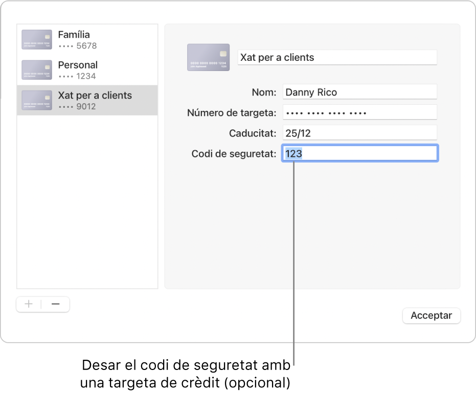 Un formulari de targeta de crèdit amb camps per introduir el nom, el número de targeta, la data de caducitat i el codi de seguretat.