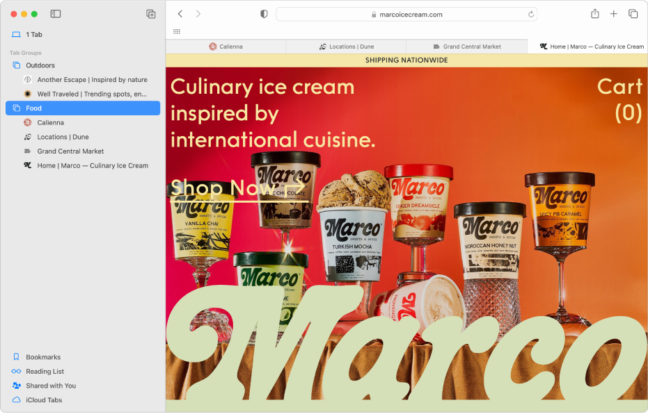 A Safari window showing the sidebar with a Tab Group selected.