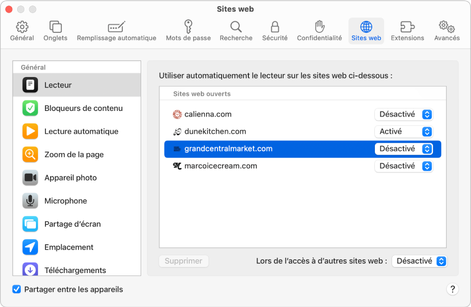 Fenêtre affichant les préférences Safari pour les sites web, avec l’option « Partager entre les appareils » sélectionnée sous la barre latérale.