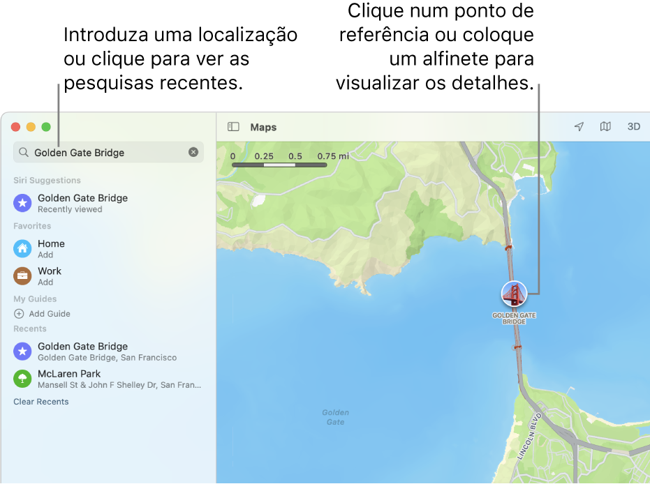 Digite uma localização no campo de busca ou clique nele para ver as buscas recentes. Clique em um ponto de referência ou alfinete para visualizar detalhes.