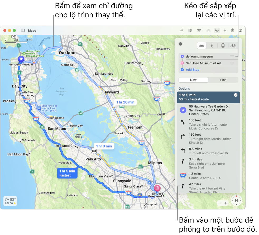 Một bản đồ San Francisco với các chỉ đường cho lộ trình đi xe đạp, bao gồm độ cao và lưu lượng giao thông.