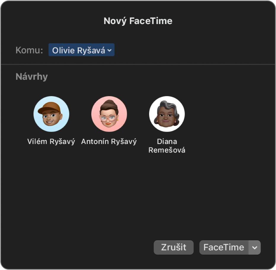 Nové okno FaceTimu – účastníky hovoru zadáte přímo do pole Komu nebo je můžete vybrat z nabídky Návrhy.
