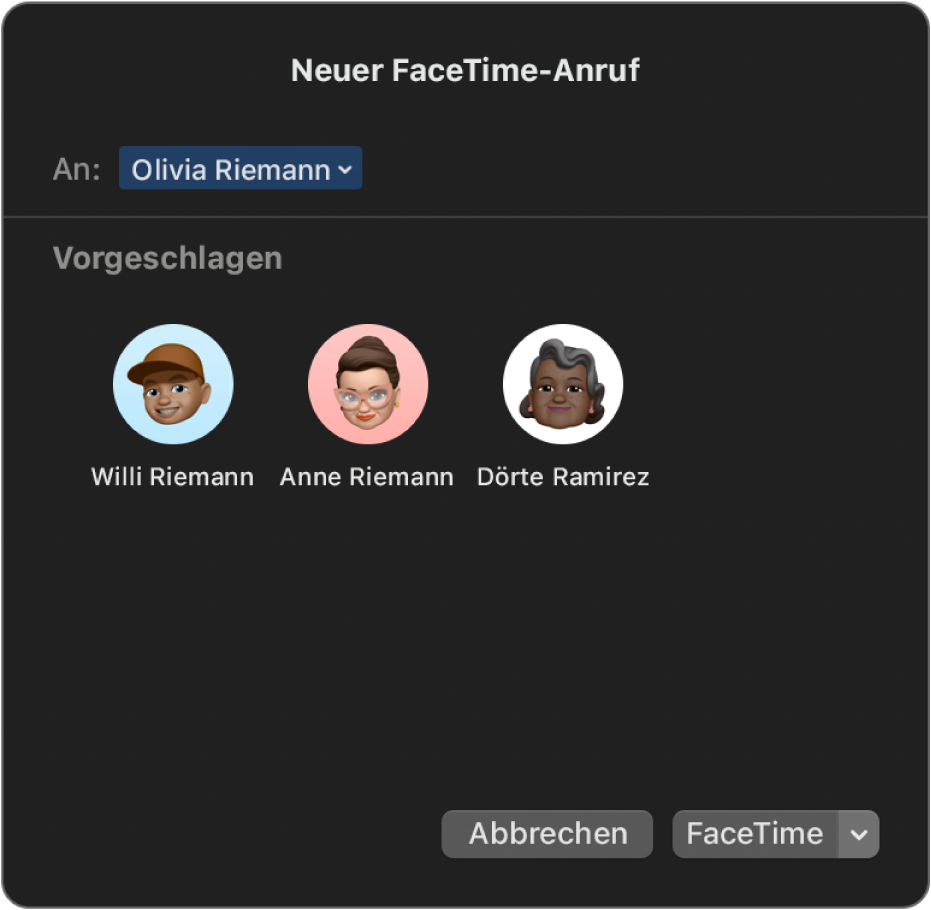 Das Fenster „Neuer FaceTime-Anruf“ – gib Anrufer direkt in das Feld „An“ ein oder wähle sie in „Vorgeschlagen“ aus.