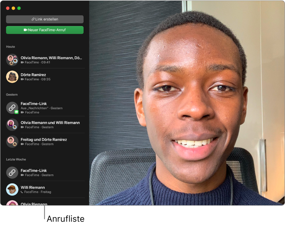Ein FaceTime-Fenster mit der Liste der letzten Anrufer auf der linken Seite.