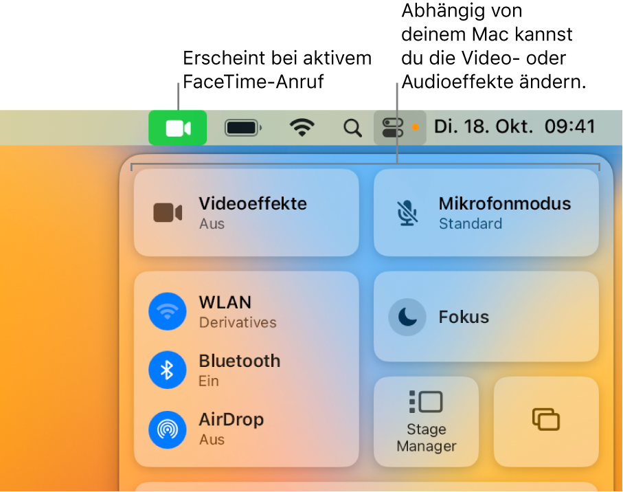 Das Kontrollzentrum rechts oben auf dem Mac-Bildschirm zeigt das FaceTime-Symbol (das erscheint, wenn du in einem FaceTime-Anruf bist) und die Videoeffekte und den Mikrofonmodus (die abhängig von deinem Mac das Video oder die Effekte ändern).