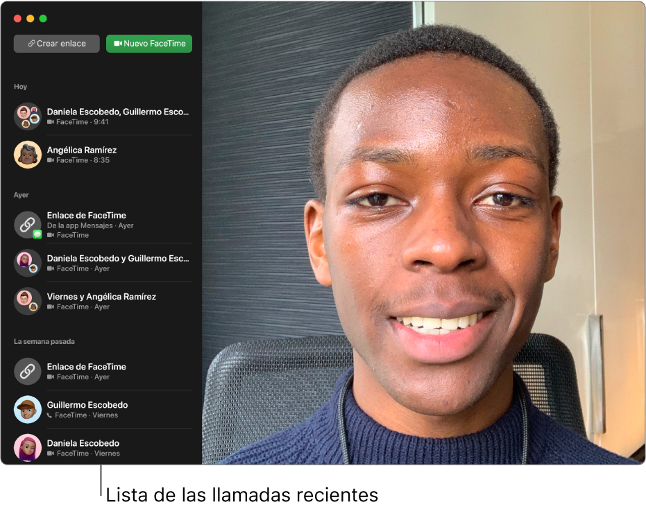 Una ventana de FaceTime mostrando la lista de llamadas recientes a la izquierda.