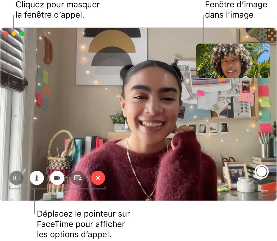 Placez le pointeur sur la fenêtre FaceTime pour afficher les boutons Barre latérale, Couper le son, Couper le son de la vidéo, Partage d’écran, Raccrocher et Live Photos. Cliquez sur le bouton du milieu dans le coin supérieur gauche pour masquer la fenêtre d’appel. La fenêtre d’image dans l’image s’affiche dans le coin supérieur droit.