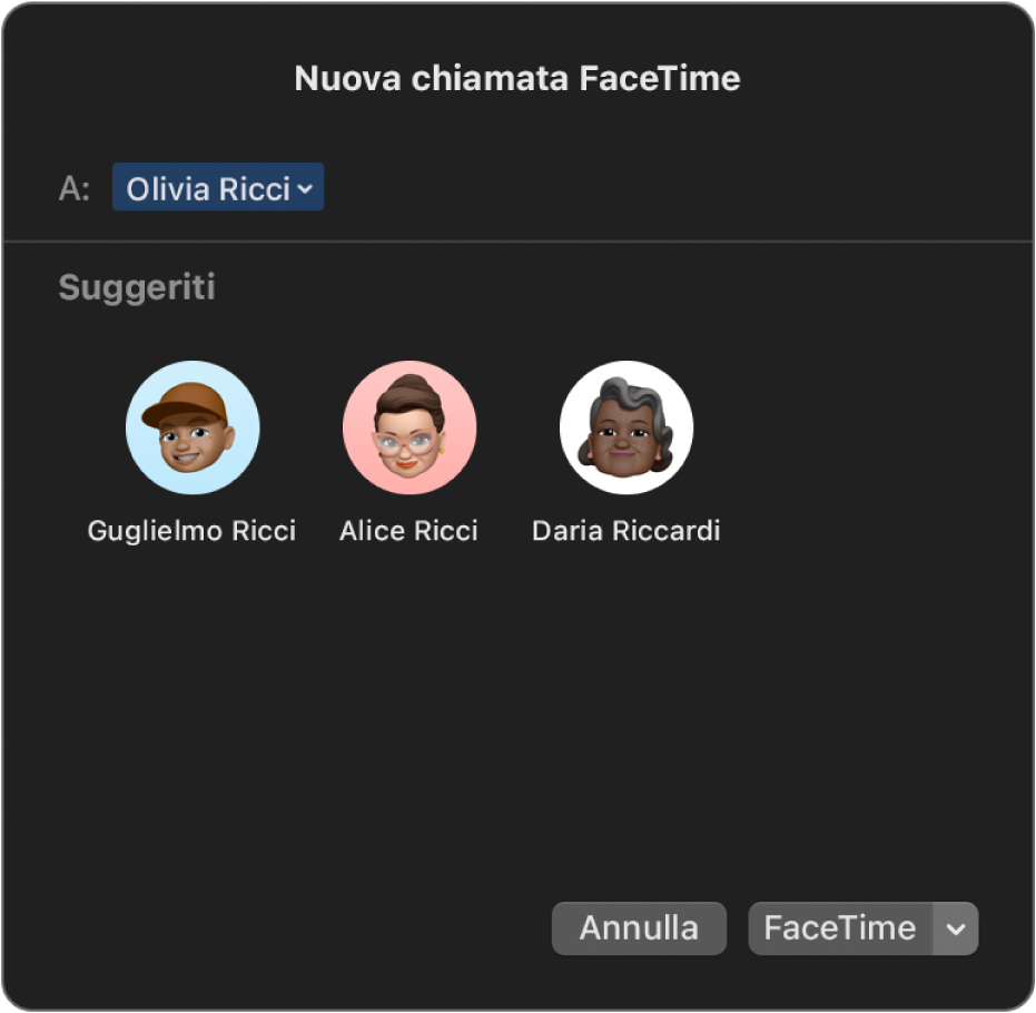 La finestra “Nuova chiamata FaceTime”: inserisci i chiamanti direttamente nel campo A o scegli tra le persone suggerite.