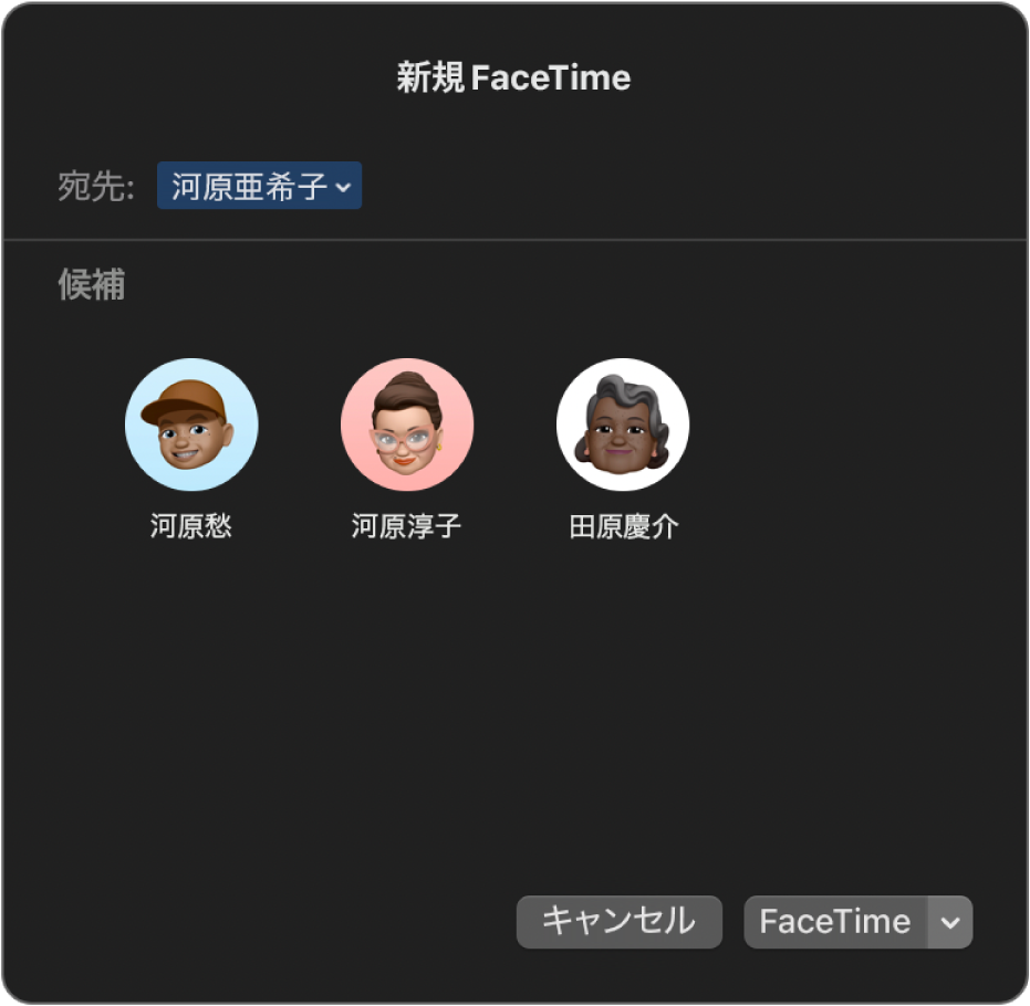 「新しいFaceTime」ウインドウ。「宛先」フィールドに通話相手を直接入力するか、「候補」から選択します。