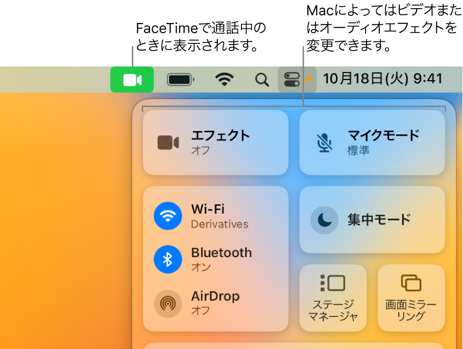 Macの画面の右上隅にあるコントロールセンター。FaceTimeアイコン（FaceTime通話中に表示されます）や、「エフェクト」と「マイクモード」（Macによって、ビデオまたはエフェクトを変更します）が表示されています。