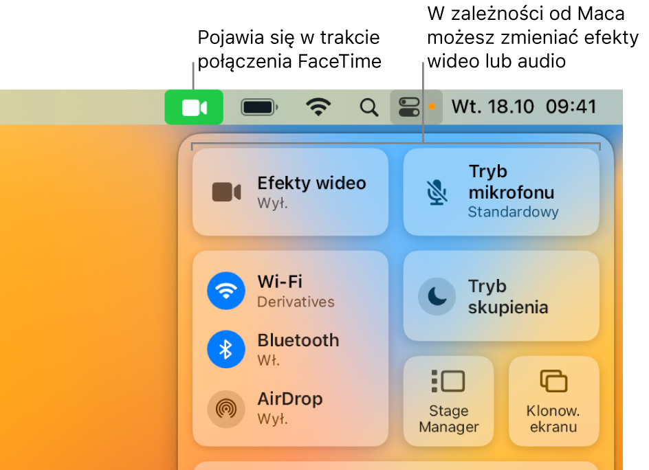 Centrum sterowania w prawym górnym rogu ekranu Maca. Widoczna jest ikona FaceTime (wyświetlana podczas połączenia FaceTime) oraz przyciski Efekty wideo i Tryb mikrofonu (pozwalające na zmianę efektów wideo i dźwięku, zależnie od modelu Maca).