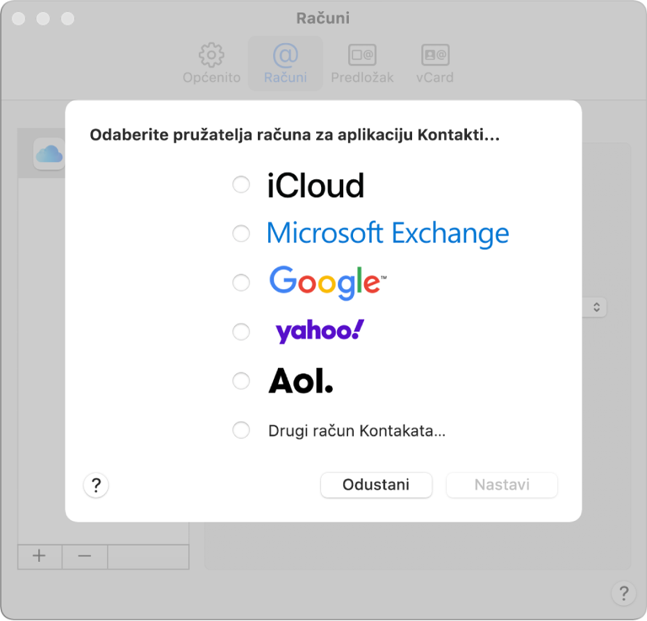 Prozor za dodavanje internetskih računa u aplikaciju Kontakti.