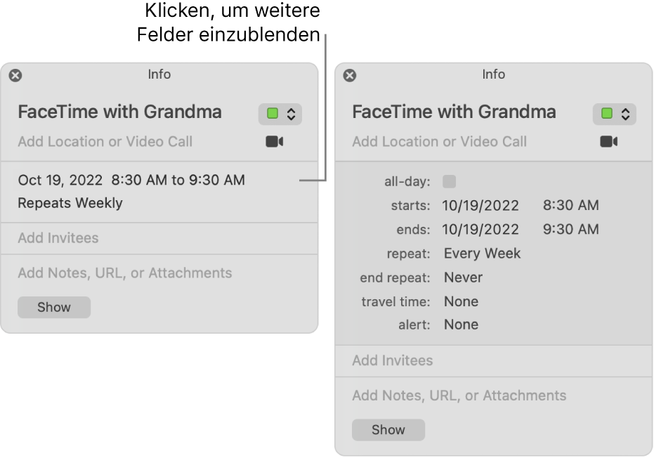 Das Bild links zeigt ein nicht erweitertes Infofenster für das Ereignis. Rechts ist das erweiterte Infofenster für dasselbe Ereignis zu sehen, in dem zusätzliche Felder für Start, Ende, Wiederholung und Wegzeiten angezeigt werden.
