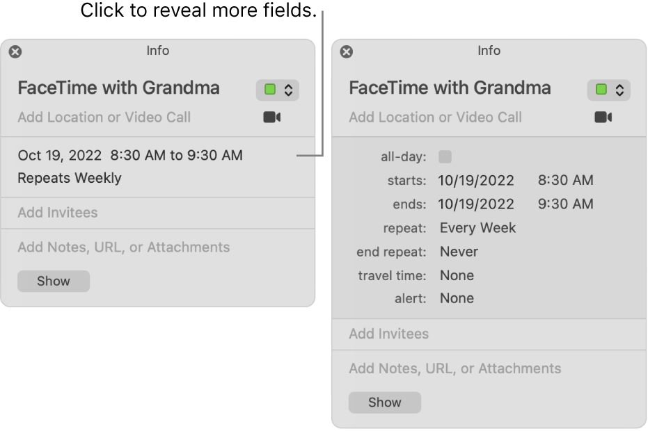 The image on the left shows an unexpanded Info window for an event. On the right, the Info window for the same event is expanded to show additional fields, such as starts, ends, repeat and travel time.