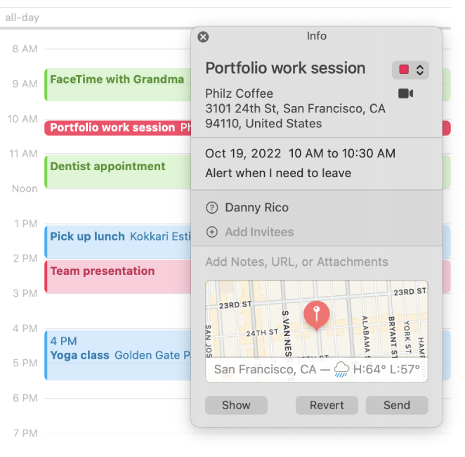 The info window for an event, showing the invitees and the location on a small map.