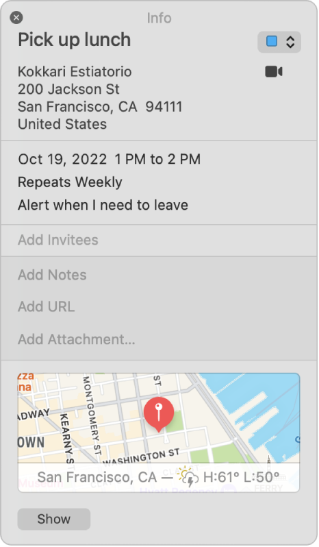 A Calendar event Info window. The event details are shown, including the location name and address and a small map.