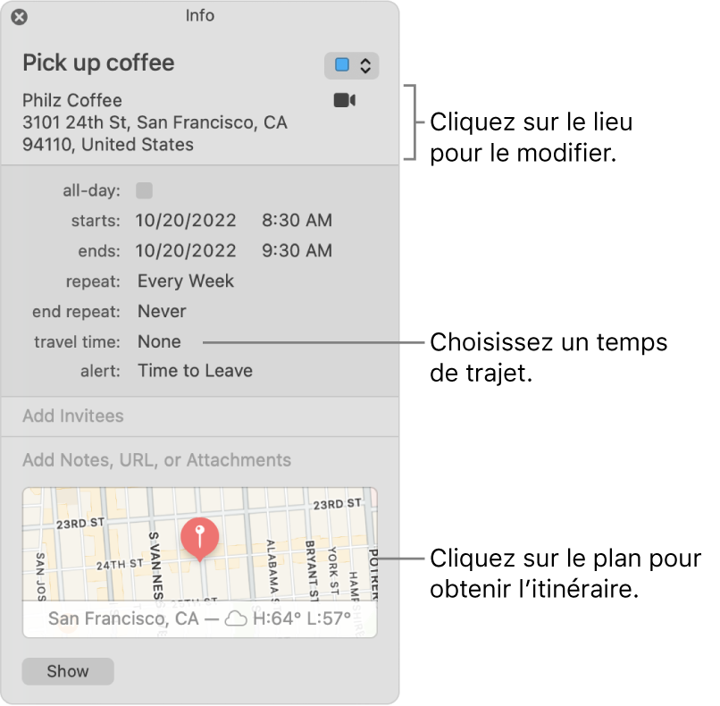 Fenêtre d’informations d’un évènement, avec le pointeur sur le menu local Temps de trajet Cliquez sur le lieu pour le modifier. Choisissez une durée de trajet dans le menu local. Cliquez sur le plan pour obtenir l’itinéraire.