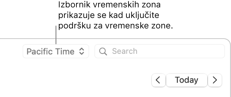 Izbornik vremenske zone pojavljuje se s lijeve strane polja za pretraživanje kada uključite podršku za vremensku zonu