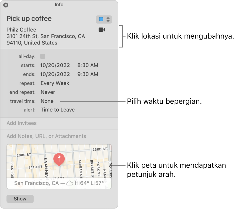 Jendela info untuk acara, dengan penunjuk di atas menu pop-up Waktu Perjalanan. Klik lokasi untuk mengubahnya. Pilih waktu perjalanan dari menu pop-up. Klik peta untuk mendapatkan petunjuk arah.