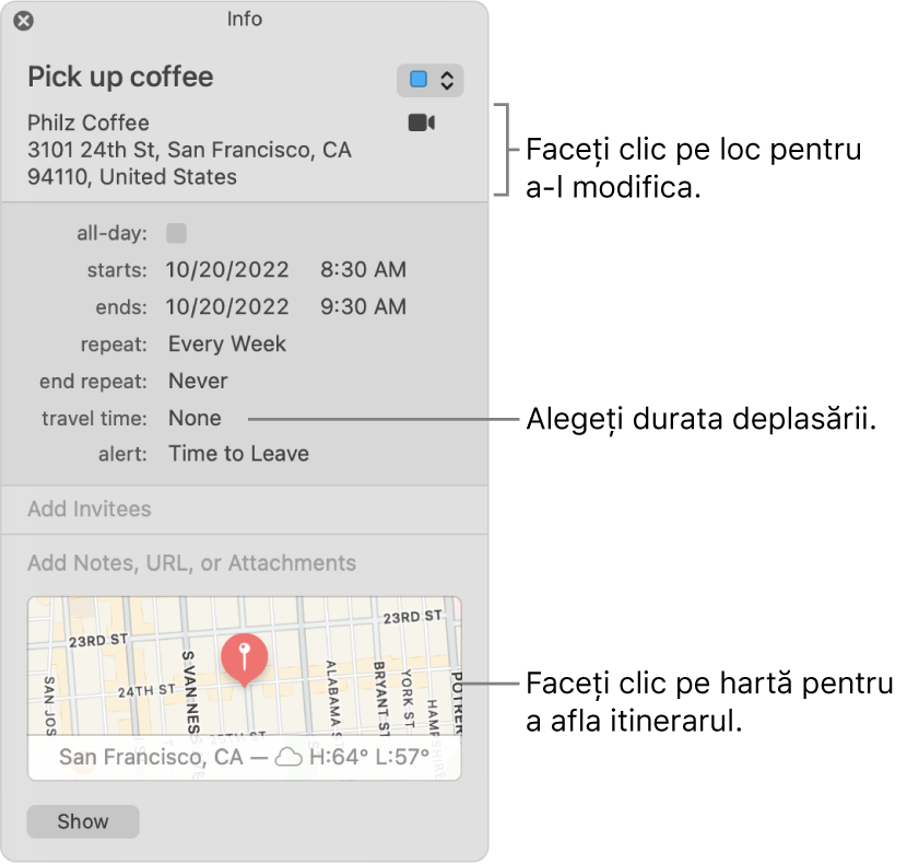 Fereastră de informații pentru un eveniment, având cursorul deasupra meniului pop-up Deplasare. Faceți clic pe locație pentru a o modifica. Alegeți o durată de deplasare din meniul pop-up. Faceți clic pe hartă pentru a afla itinerarul.