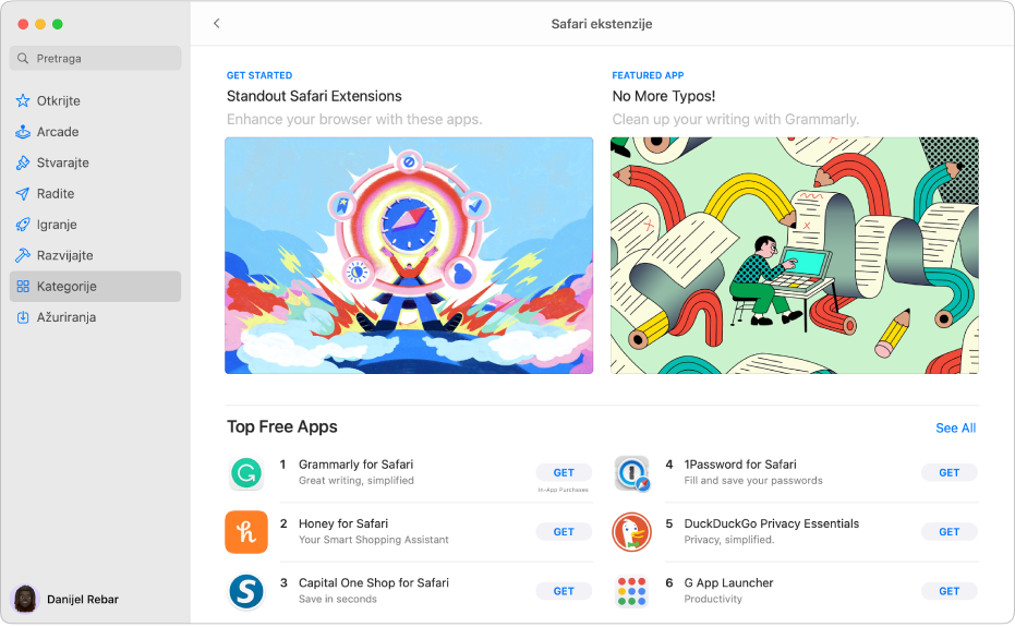 Mac App Store stranica sa Safari ekstenzijama. Rubni stupac s lijeve strane uključuje linkove na druge stranice: Otkrijte, Stvarajte, Radite, Igrajte, Razvijajte, Kategorije i Ažuriranja. S desne strane su dostupne Safari ekstenzije.