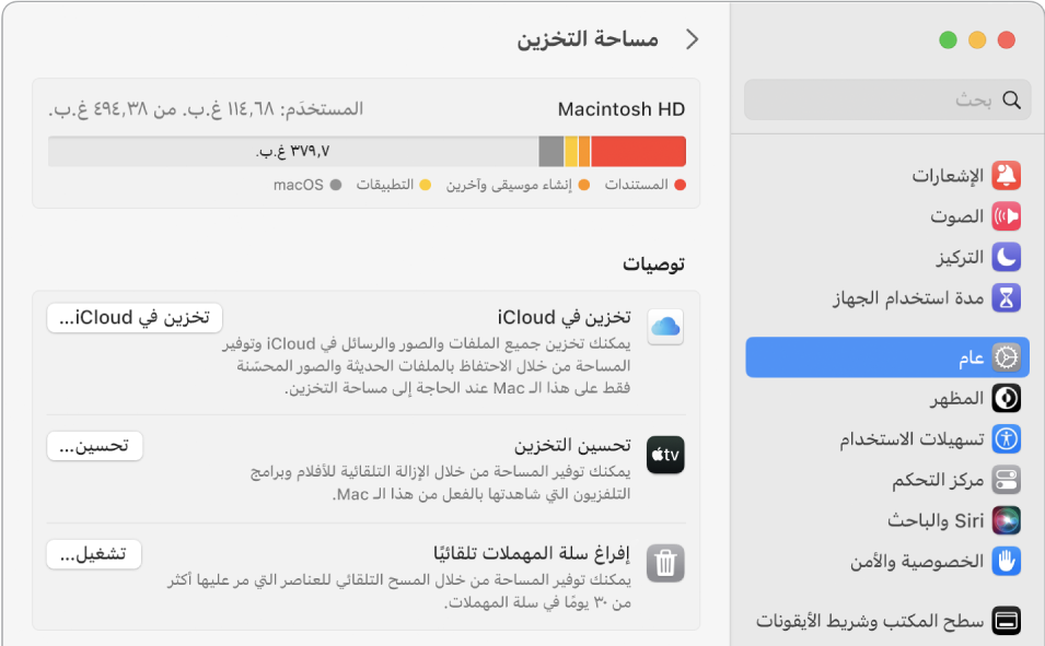 إعدادات التوصيات الخاصة بالتخزين، وتظهر فيها الخيارات تخزين في iCloud، وتحسين التخزين، وإفراغ سلة المهملات تلقائيًا.