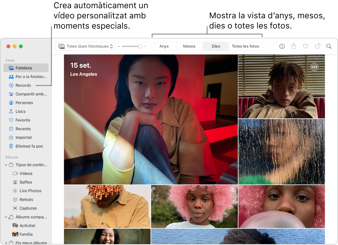 La finestra de l’app Fotos amb la funció Records a la barra lateral esquerra i el menú desplegable a la part superior de la finestra de l’app Fotos on es poden veure les fotos d’un àlbum per dia, mes i any.