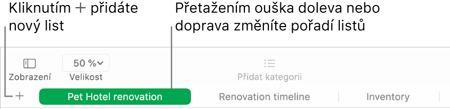 Okno Numbers s popisky popisujícími, jak přidat nové listy a změnit jejich uspořádání