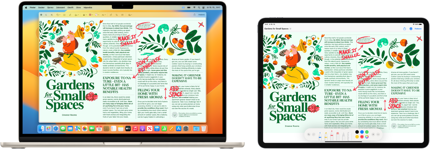 MacBook Air a iPad vedle sebe Na obou displejích je vidět článek s červeně vepsanými ručními korekturami, například přeškrtnutými větami, šipkami a vloženými slovy. U dolního okraje obrazovky iPadu se zobrazují také ovládací prvky pro anotace.