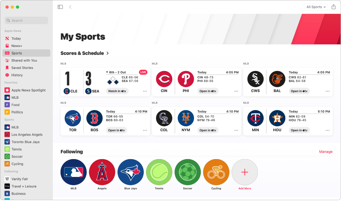 Vinduet News med My Sports, der inkluderer Schedules og Scores samt de ligaer, hold og sportsgrene, du følger.