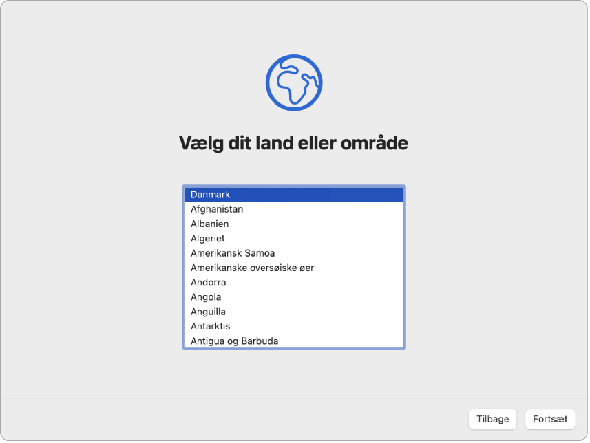 En skærm i Indstillingsassistent, der viser muligheder for at vælge brugerens land eller område.