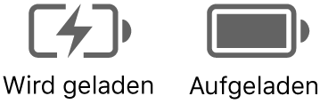 Symbole für eine Batterie, die aufgeladen wird bzw. aufgeladen ist