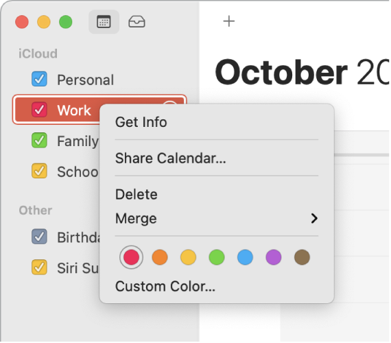 Calendar shortcut menu with options for customizing a calendar’s color.