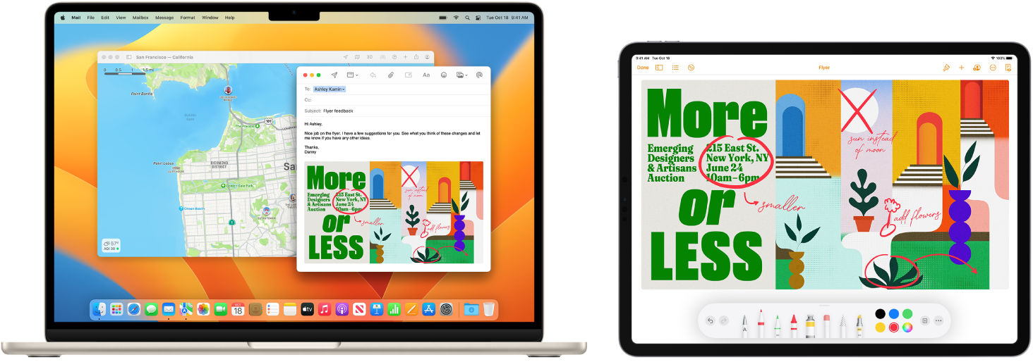 A MacBook Air and iPad next to each other. The iPad screen shows a flyer with annotations. The MacBook Air screen has a Mail message with the annotated flyer from the iPad as an attachment.