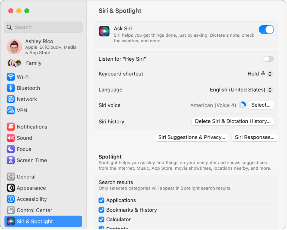 The Siri settings window with Ask Siri selected, as well as several options for customizing Siri on the right