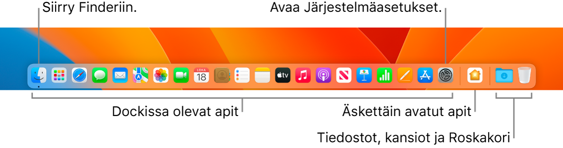 Dock, jossa näkyy Finder, Järjestelmäasetukset ja Dockissa oleva erotin, joka erottaa tiedostot ja kansiot apeista.