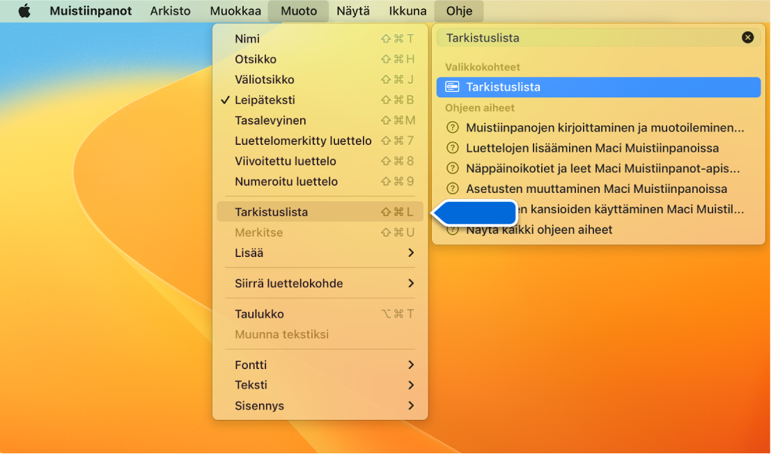 Ohje-valikko, jossa näkyy ”luettelo”-haku ja Luettelomerkitty luettelo -komento korostettuna tulosluettelossa ja Muoto-valikossa.