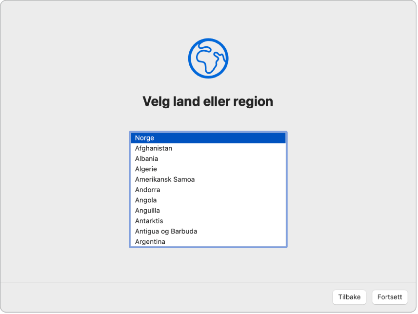 En skjerm i Oppsettassistent som viser alternativer for å velge brukerens land eller område.