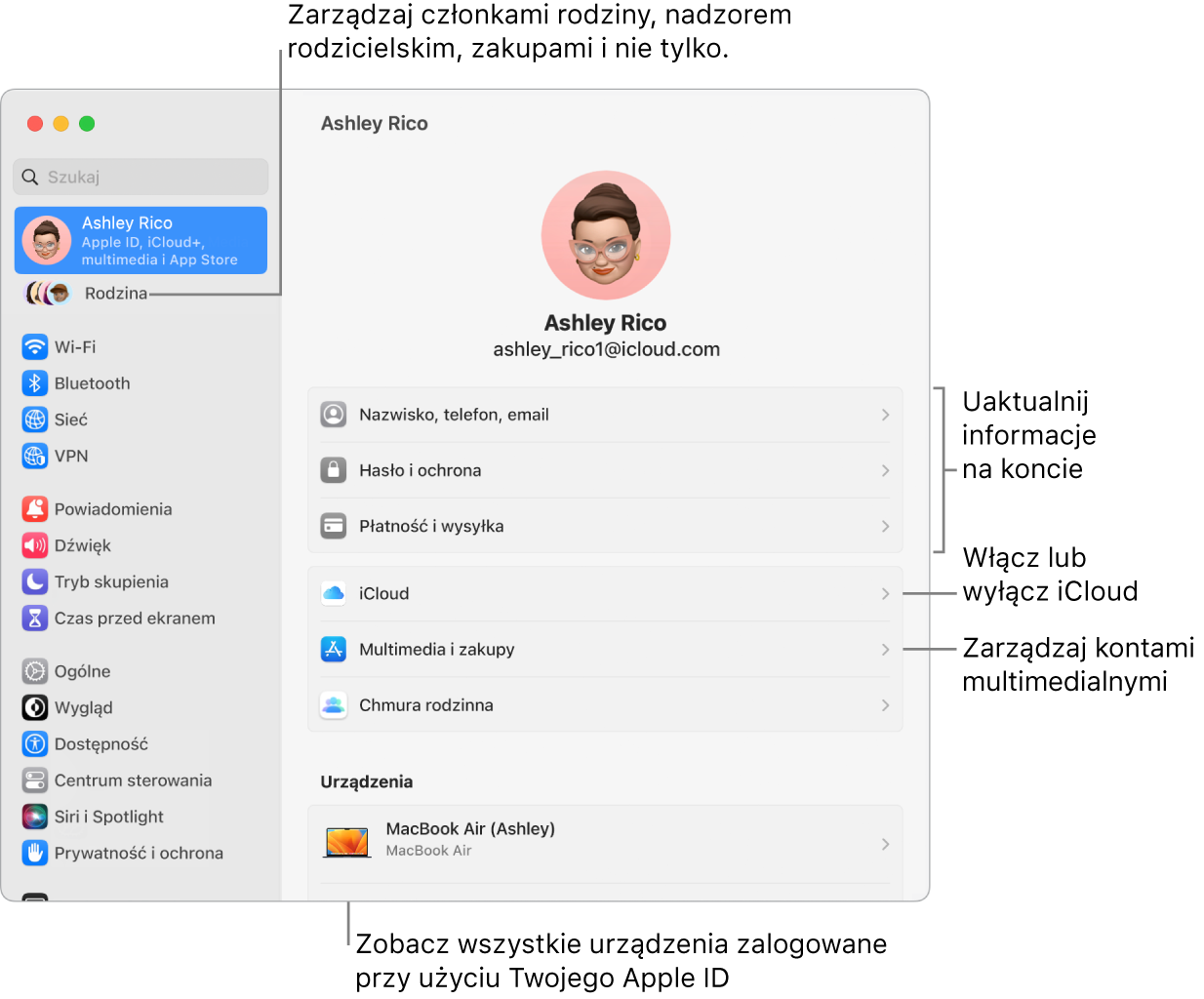 Ustawienia Apple ID w Ustawieniach systemowych z dymkami pomocy do informacji o uaktualnieniu konta, włączaniu lub wyłączaniu funkcji iCloud, zarządzaniu kontami multimedialnymi, oraz chmurą rodzinną, gdzie możesz zarządzać ustawieniami członków rodziny, nadzorem rodzicielskim, zakupami i nie tylko.