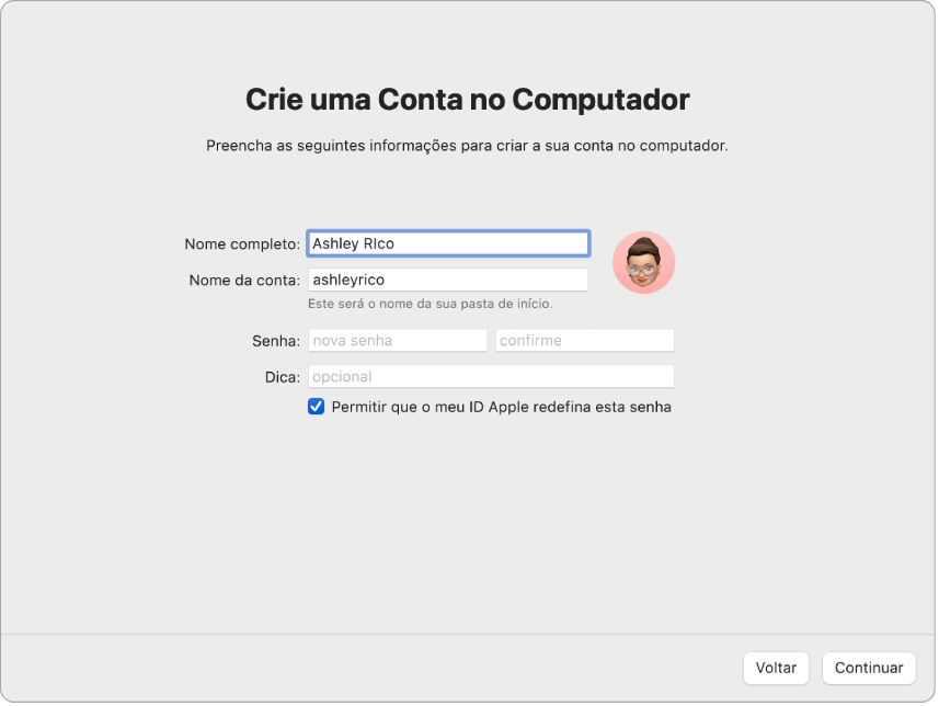 Tela do Assistente de Configuração dizendo “Crie uma Conta no Computador”.