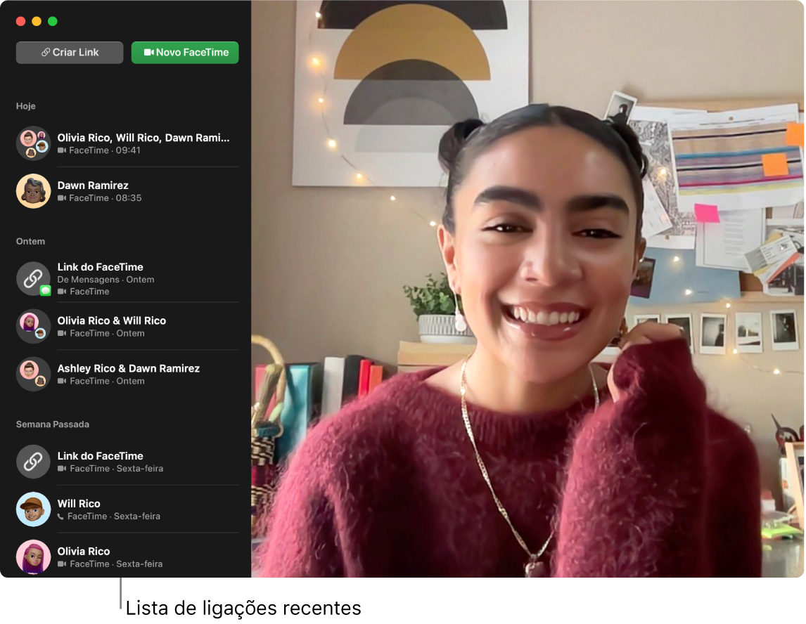 Janela do FaceTime mostrando botões para criar um link para uma ligação do FaceTime ou para iniciar uma nova ligação do FaceTime, e uma lista de ligações recentes.